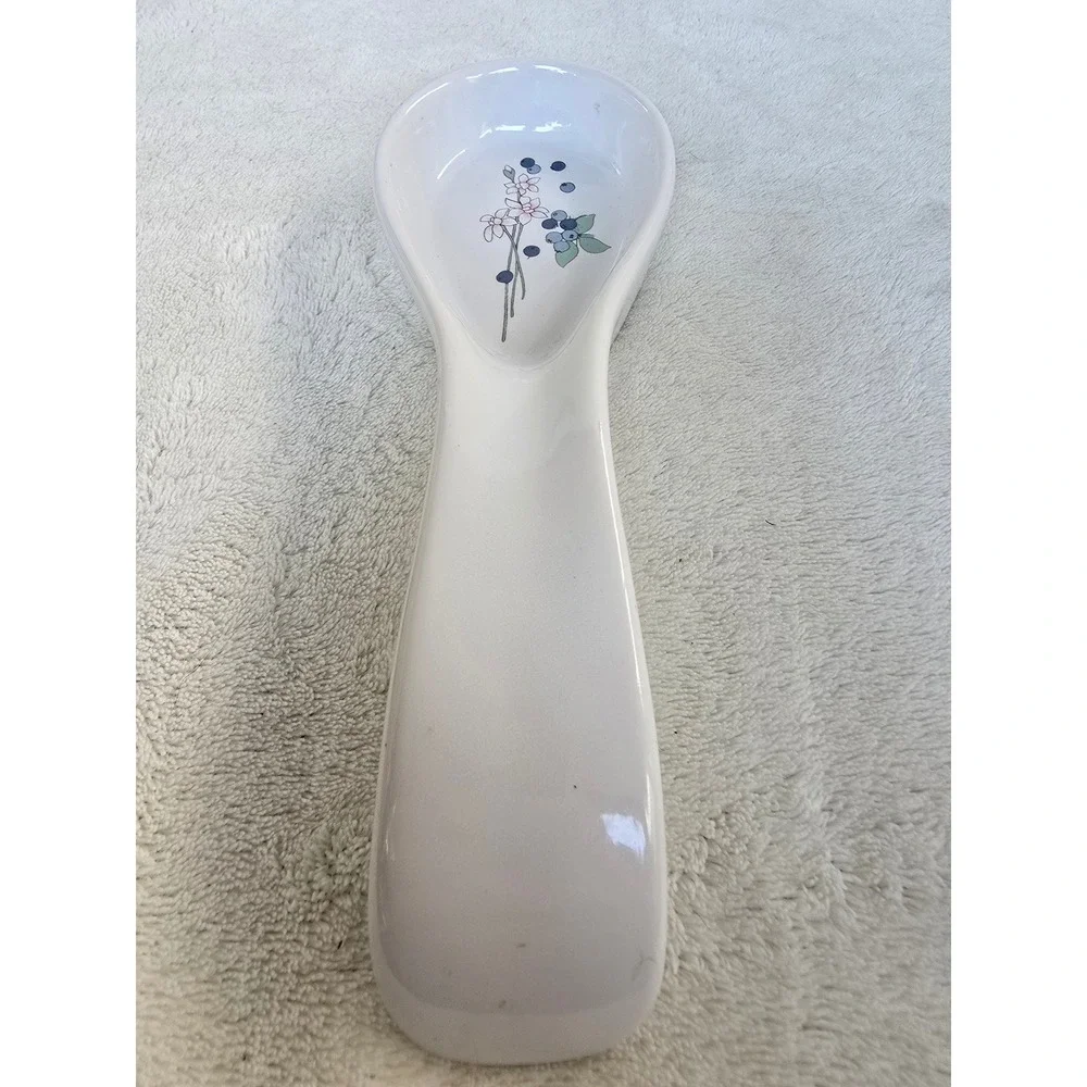 Vintage 1988 SJL Products Ceramic Spoon Rest Blueberry Floral White Stoneware
